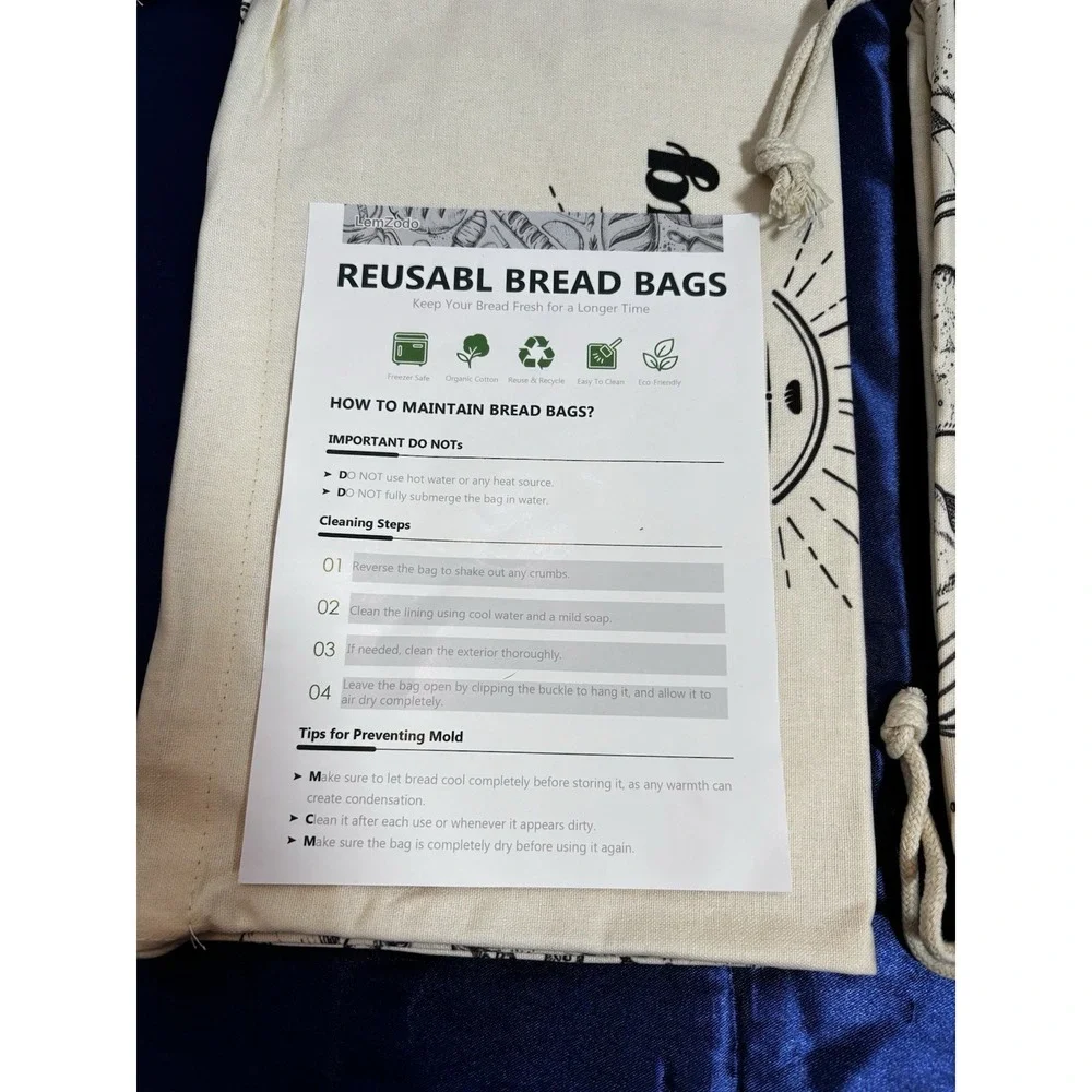 Lemzodo Cotton Reusable Bread Bags Large 2-Pack Beige/Black Freezer Safe[Z]